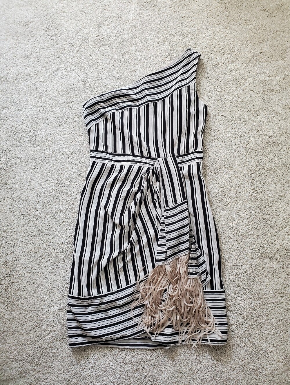 BCBGMAXAZRIA Stevie Striped Tassel One Shoulder Mini Cocktail Dress Women's XS